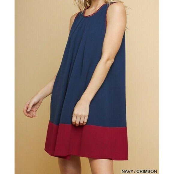 Umgee Dress Sleeveless Two Tone Pom Pom Trim Back Medium - Picture 3 of 3